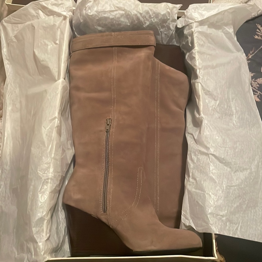 SOLD….New in box Coach suede wedge boots